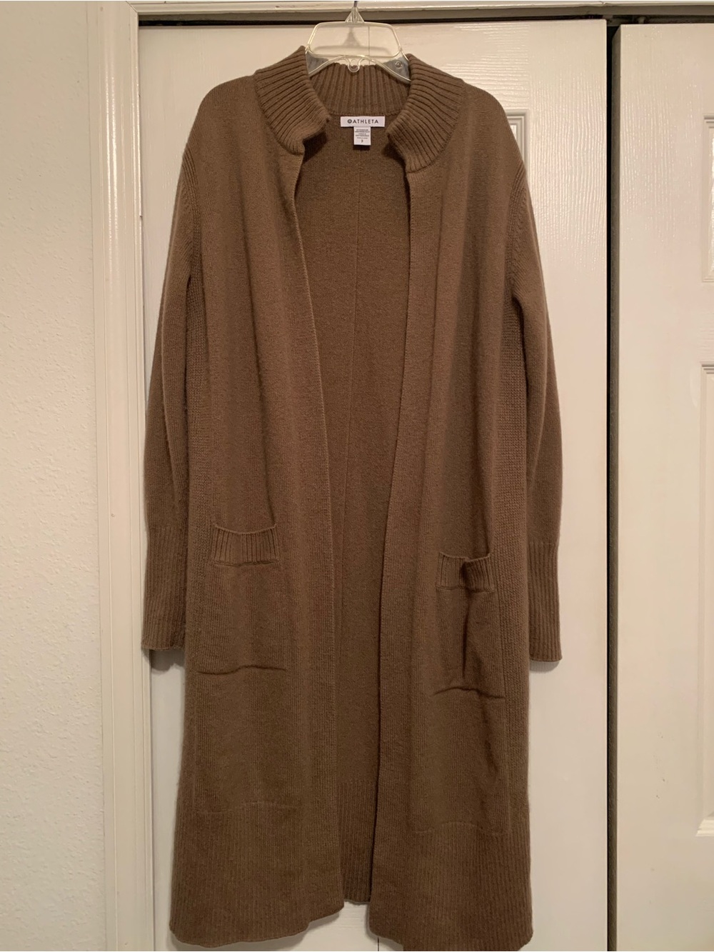 Athleta Wool Cashmere Cardigan S Brown Long Open Front Duster Pockets Cozy